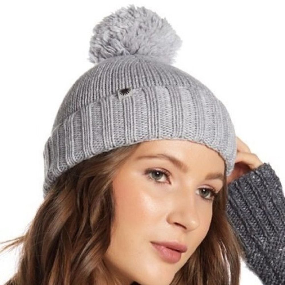UGG Light Gray Ribbed Knit Pom Pom Beanie